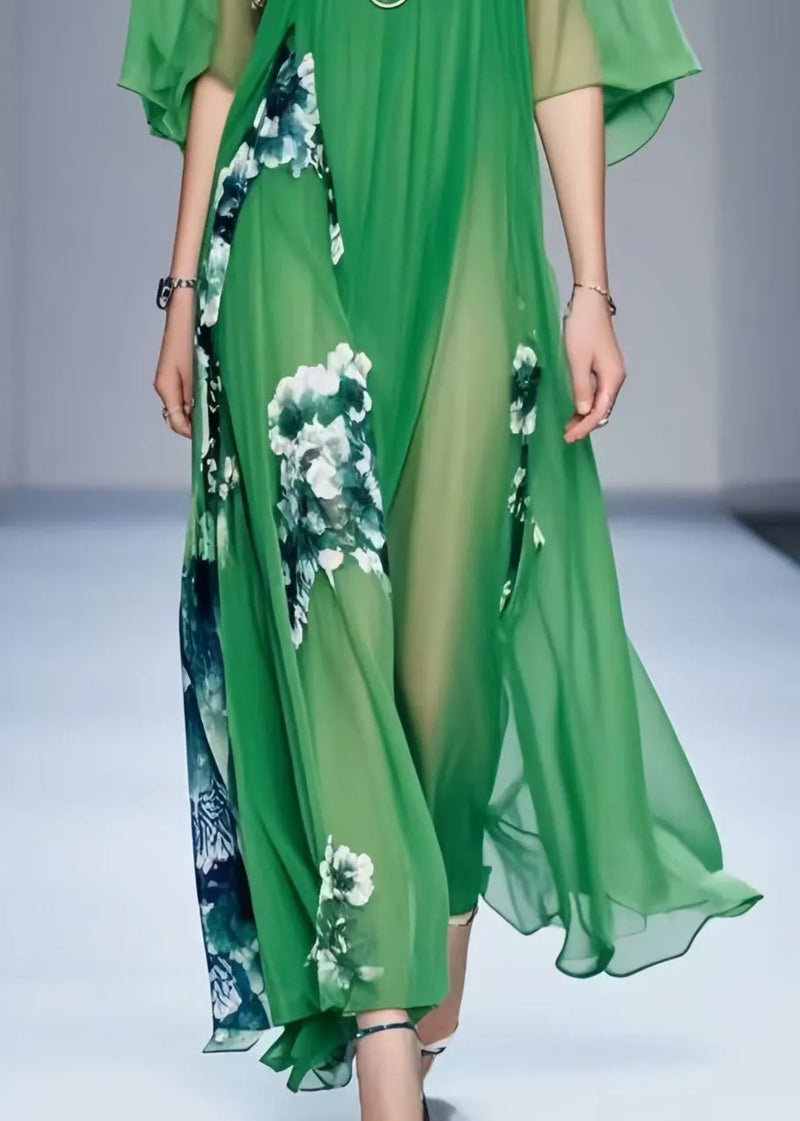 Fine Tea Green Print Draping Chiffon Dresses Summer