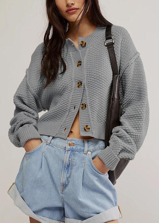 Style Grey O Neck Button Knit Loose Cardigans Fall