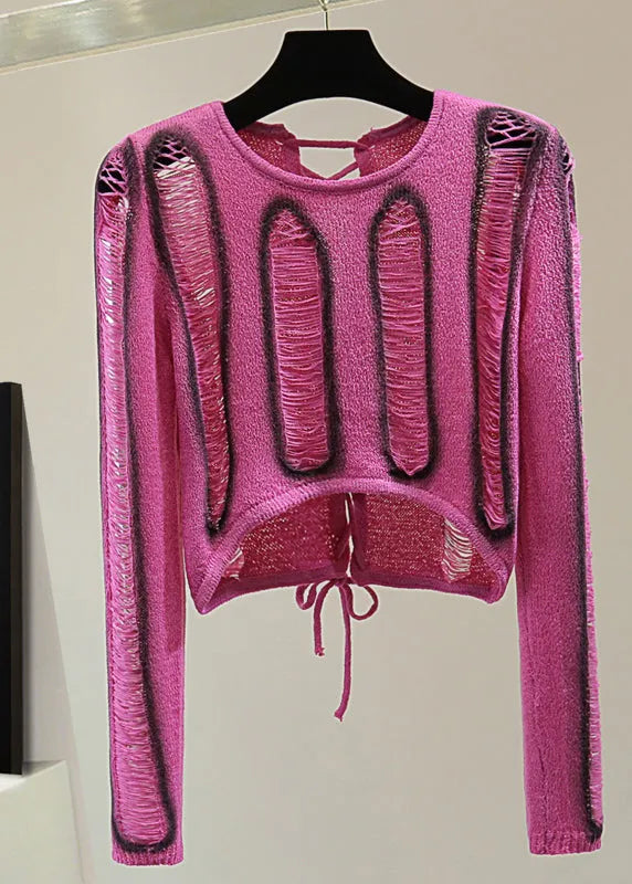 Rose Hole Tie Waist Cotton Knit Sweaters Spring
