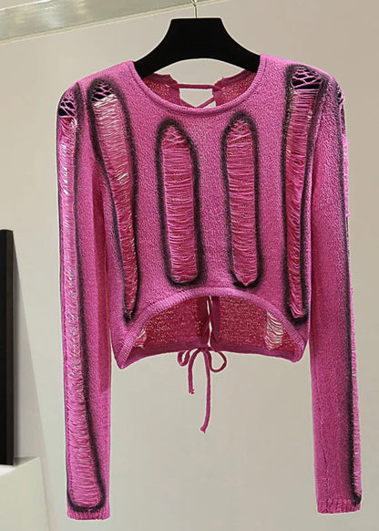 Rose Hole Tie Waist Cotton Knit Sweaters Spring