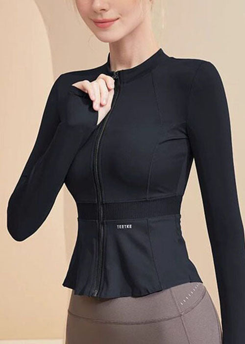 Blue Zipper Elastic Short Yoga Jacket Long Sleeved