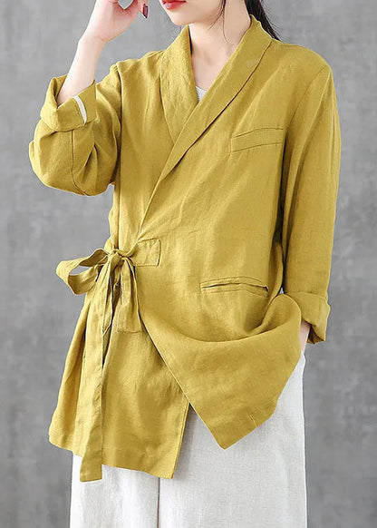 Yellow Linen Coats Notched Collar Tie Waist Long Sleeve