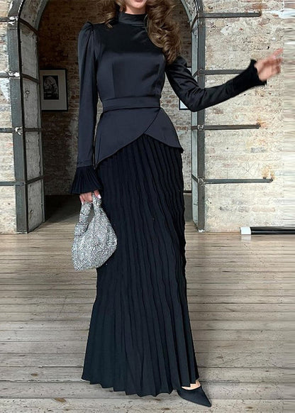 Black Wrinkled Patchwork Silk Long Dress Fall