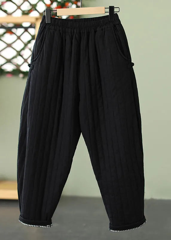 Striped Ginger Yellow Pockets Elastic Waist Cotton Filled Crop Pants Winter