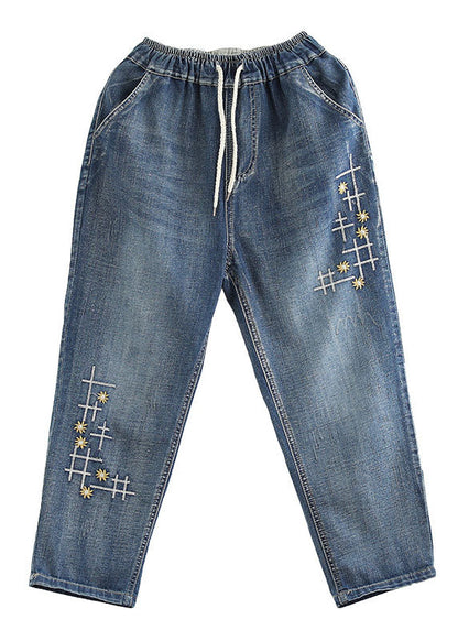 Denim Blue Elastic Waist Embroidered Cotton Crop Pants Spring