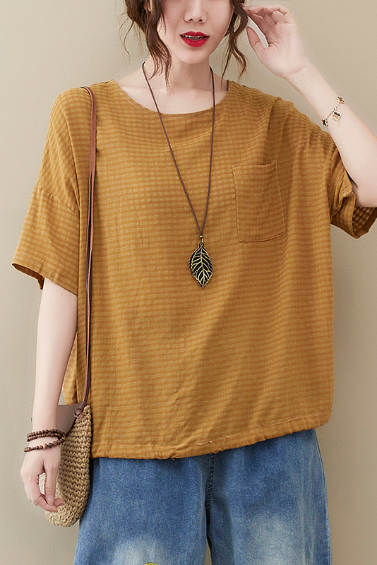 Summer Plaid Short Sleeve T-shirt Cotton Striped Tops