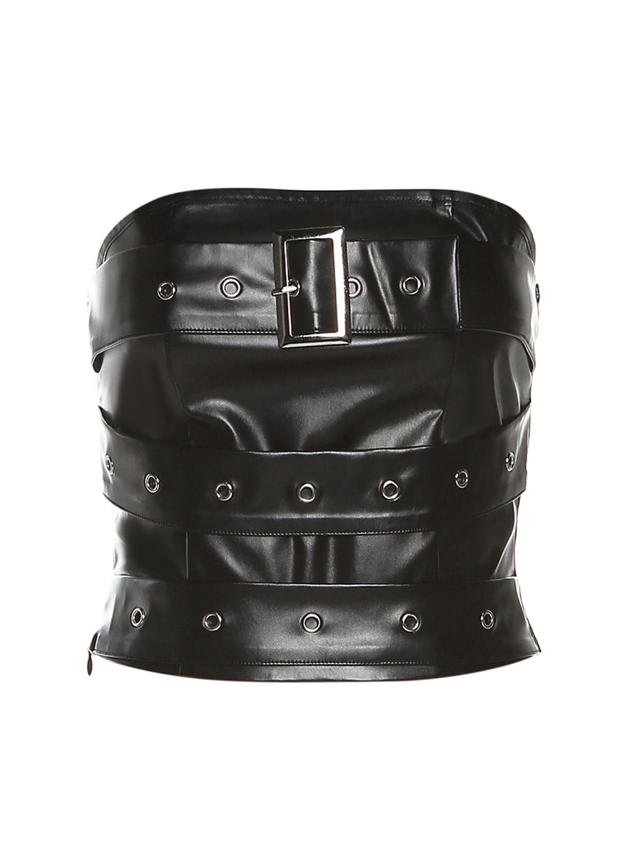 Black Backless Faux Leather Short Strapless Top