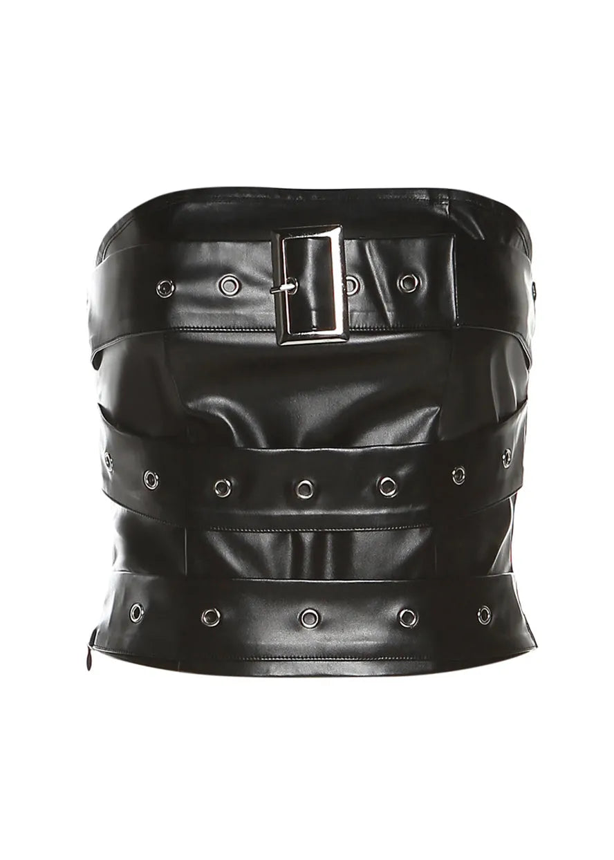 Black Backless Faux Leather Short Strapless Top