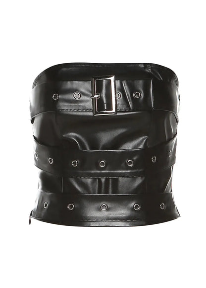 Black Backless Faux Leather Short Strapless Top
