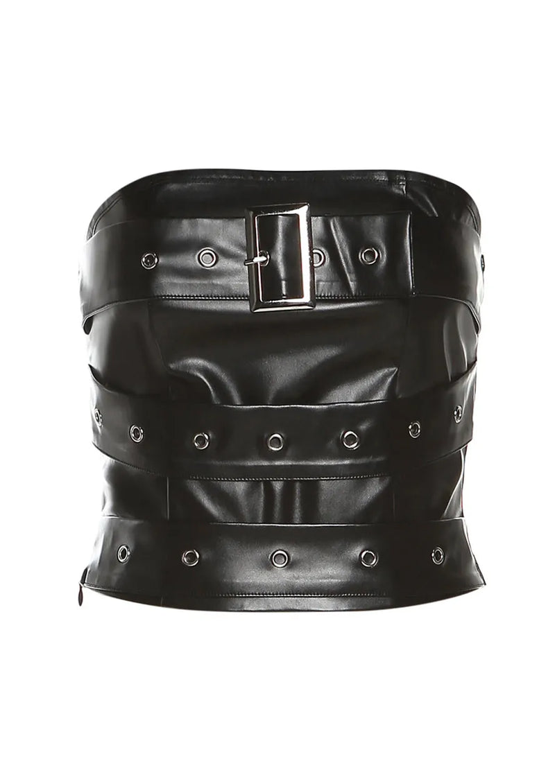 Black Backless Faux Leather Short Strapless Top