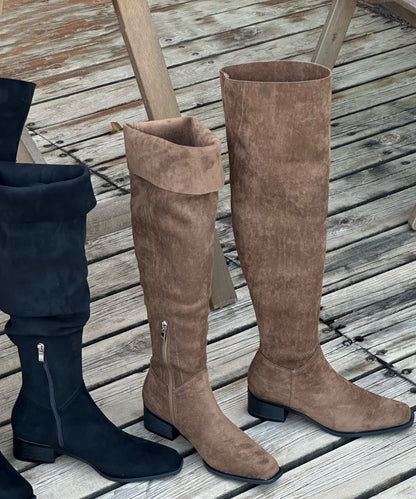 Zippered Splicing Chunky Boots Beige Suede
