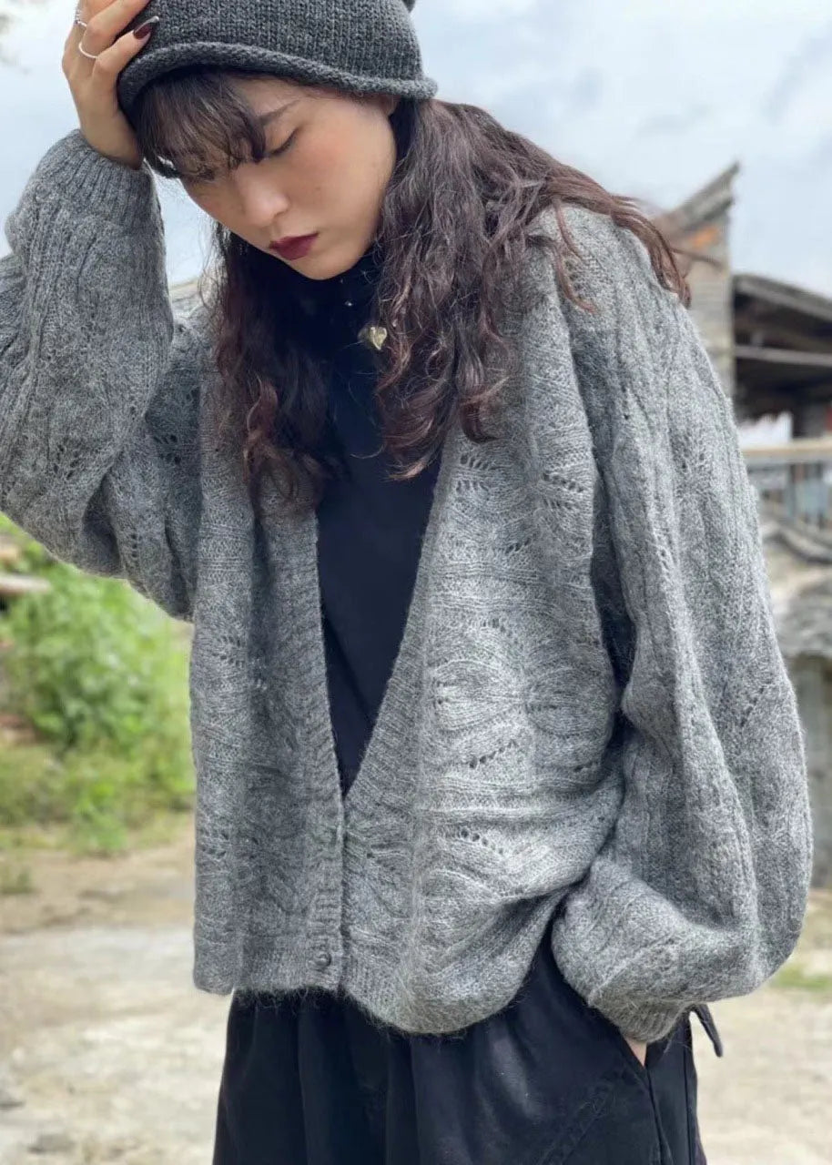 Chocolate Retro V Neck Button Fall Wool Knit Coat