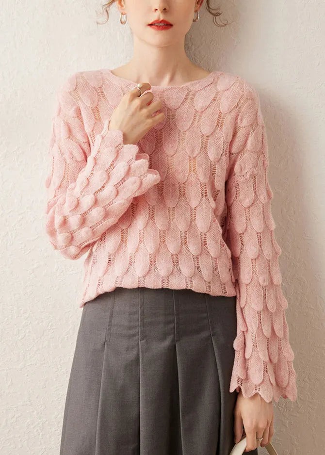 Diy Pink O-neck Hollow Out Feather Knit Sweater Spring