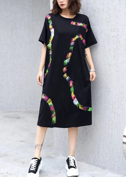 Black O Neck Print Nail Bead Cotton Dress Summer