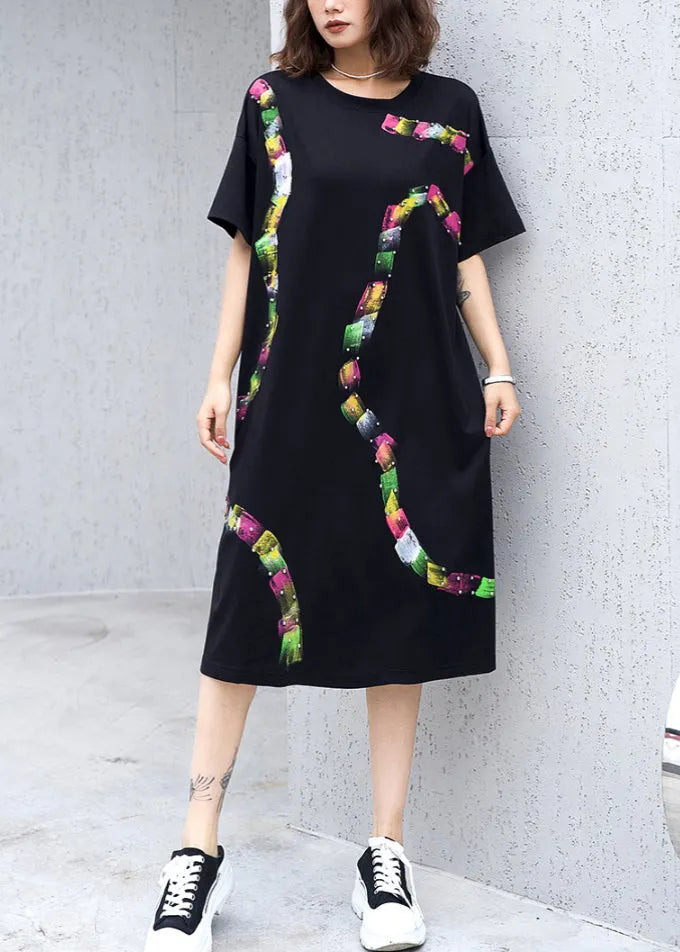 Black O Neck Print Nail Bead Cotton Dress Summer