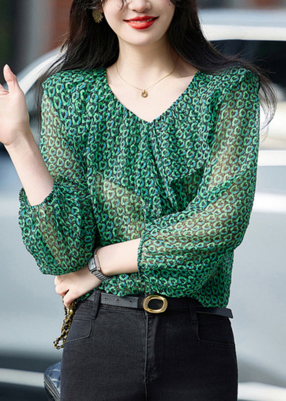 Green Ruffled Print Chiffon Top Bracelet Sleeve