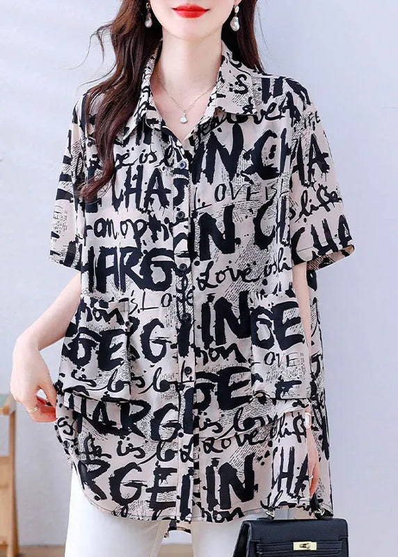 Khaki Oversized Letter Print Chiffon Shirt Tops Summer