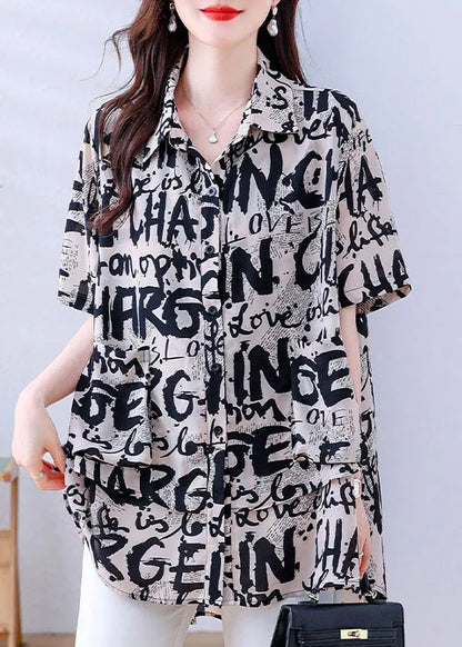 Khaki Oversized Letter Print Chiffon Shirt Tops Summer