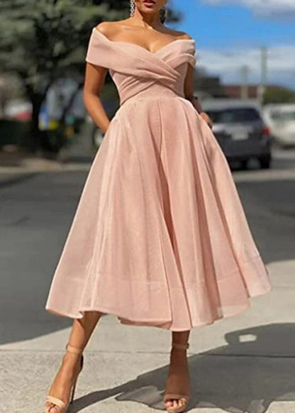 Classy Pink Cold Shoulder Wrinkled Tulle Dresses Summer