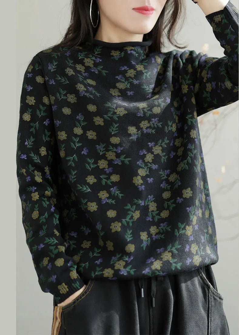Black High Neck Print Knitted Tops Winter