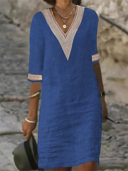 Colour V-neck Lace Trimmed Mid-sleeved Cotton and Linen Dress