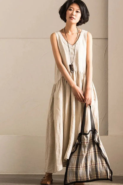 V-neck Cotton Linen Organic Sleeveless Long Dress Summer Outfits