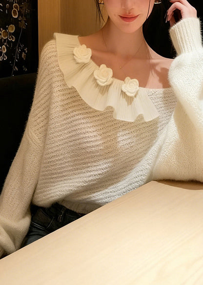 French White One Shoulder Decorated Knit Sweater Winter