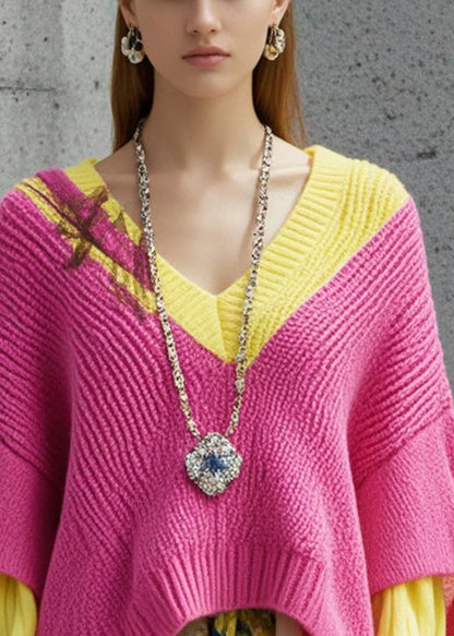 Pink Asymmetrical Patchwork Print Short Sweater Fall