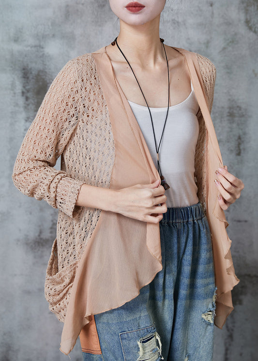 Khaki Hollow Out Patchwork Knit Cardigan Summer
