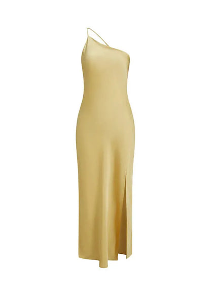 European and American Style Yellow Backless Side Open Silk Dress Sleeveless