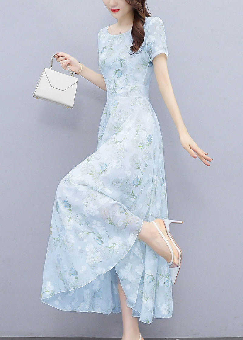Light Blue Print Silm Fit Chiffon Long Dresses Summer