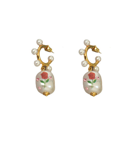 White Copper Overgild Zircon Pearl Rose Hoop Earrings