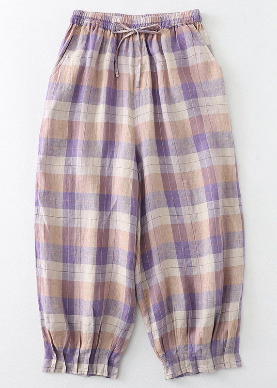 Colorblock Oversized Plaid Linen Harem Pants Summer