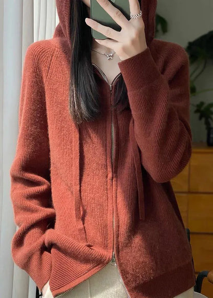 Pink Hooded Zip Up Wool Knit Coat Fall