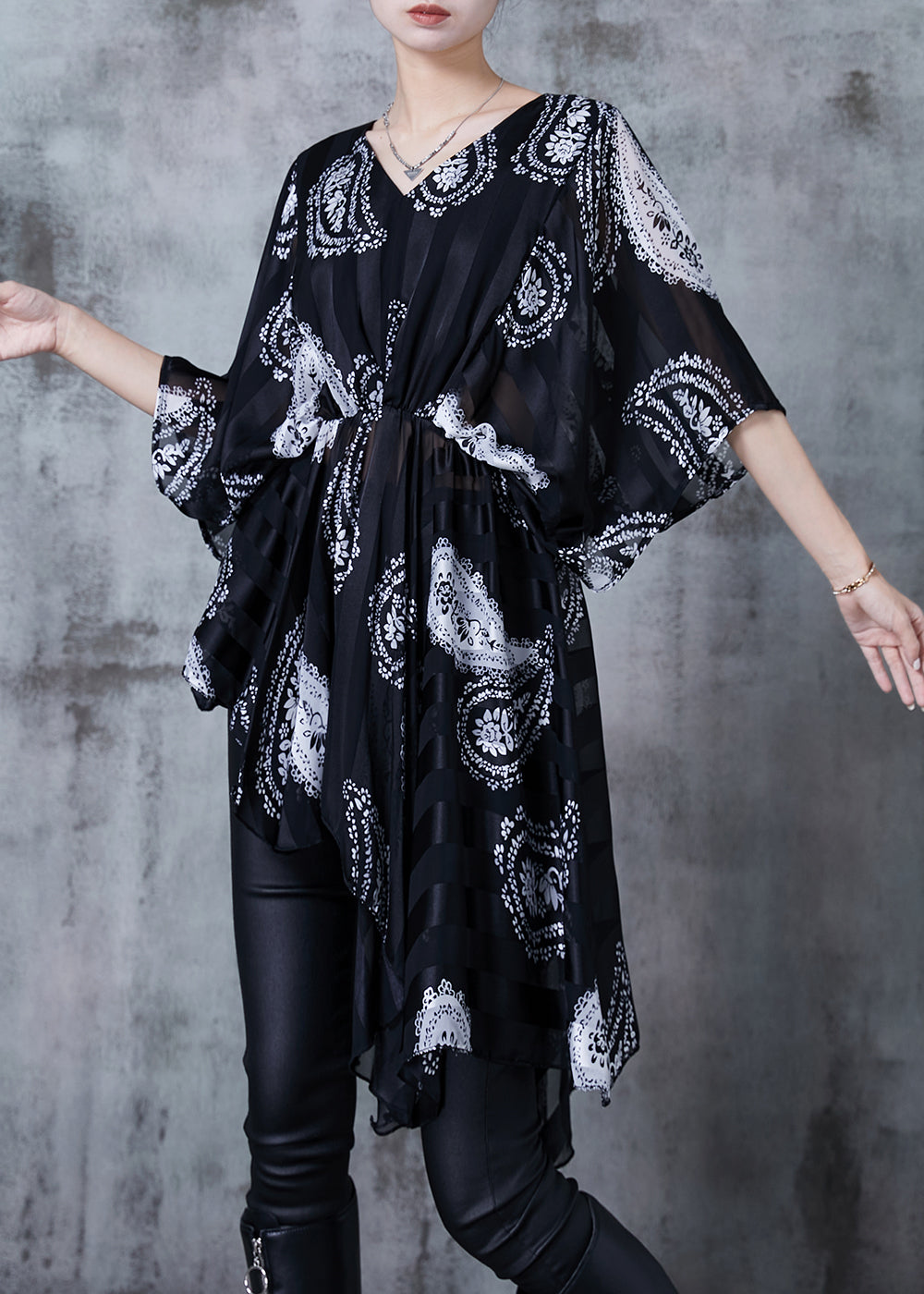 Black Asymmetrical Print Chiffon Shirt Summer