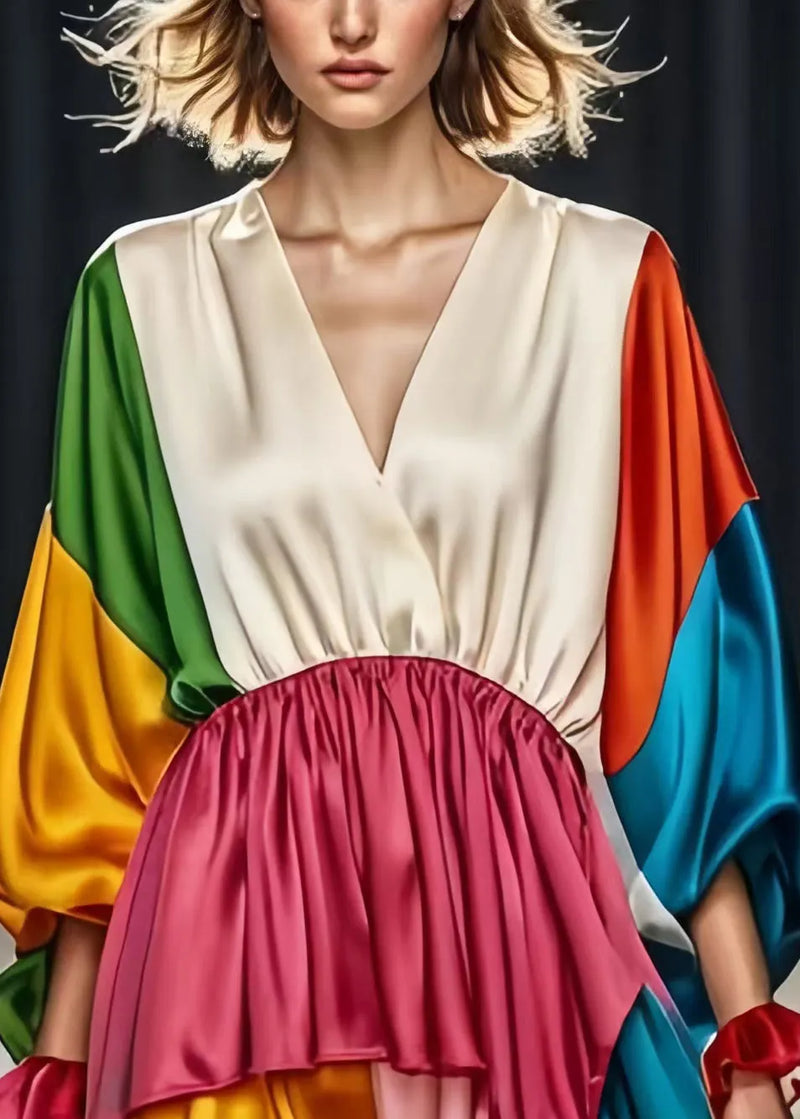 Colorblock V Neck Patchwork Silk Tea Dresses Spring