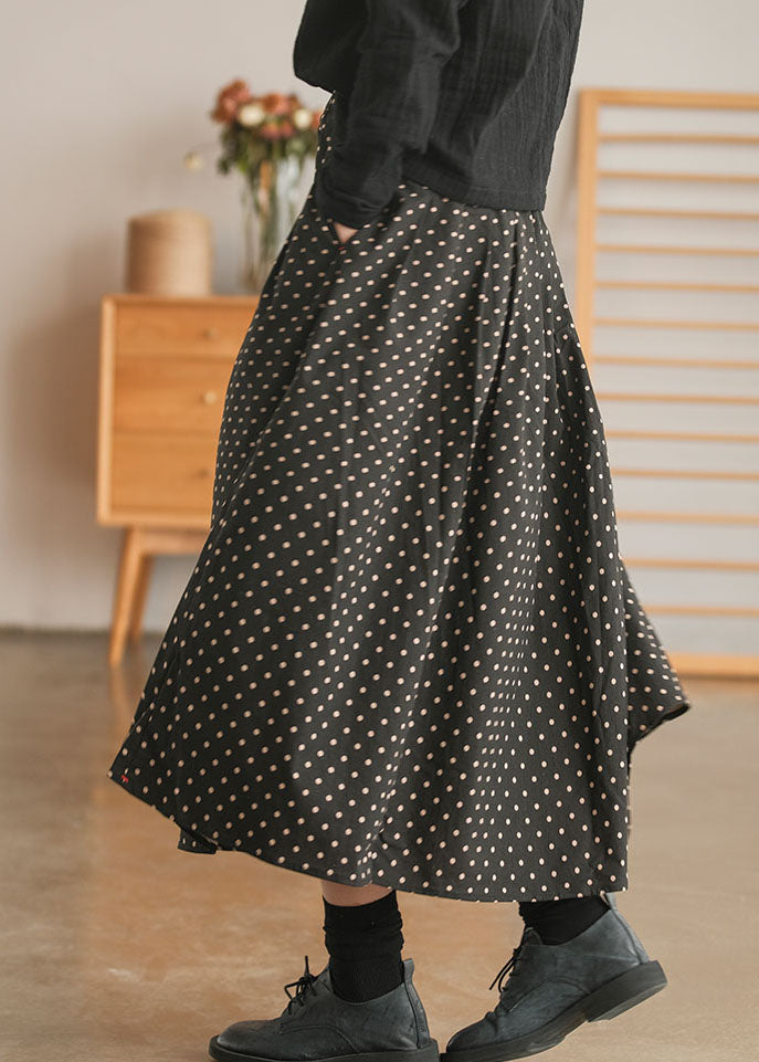 Retro Black Elastic Waist Pockets Dot Print Skirt Spring