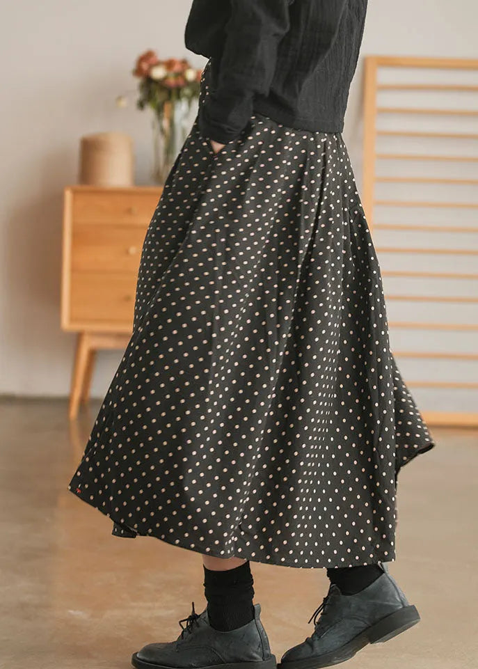 Retro Black Elastic Waist Pockets Dot Print Skirt Spring