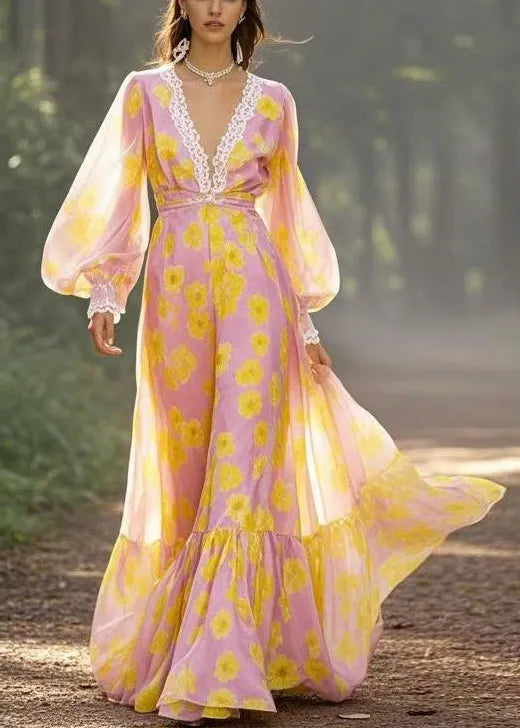 Yellow V Neck Print Chiffon Maxi Dresses Spring
