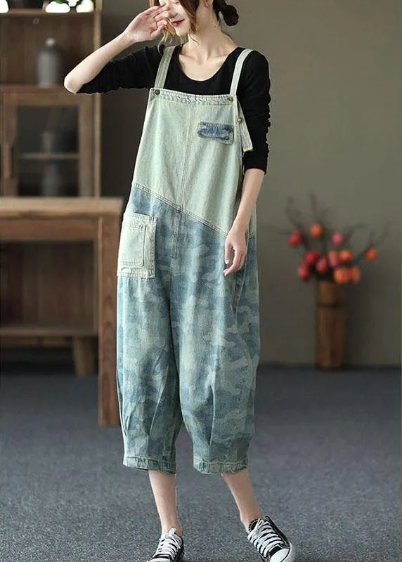 Light Blue Pockets Patchwork Jumpsuit Crop Pants