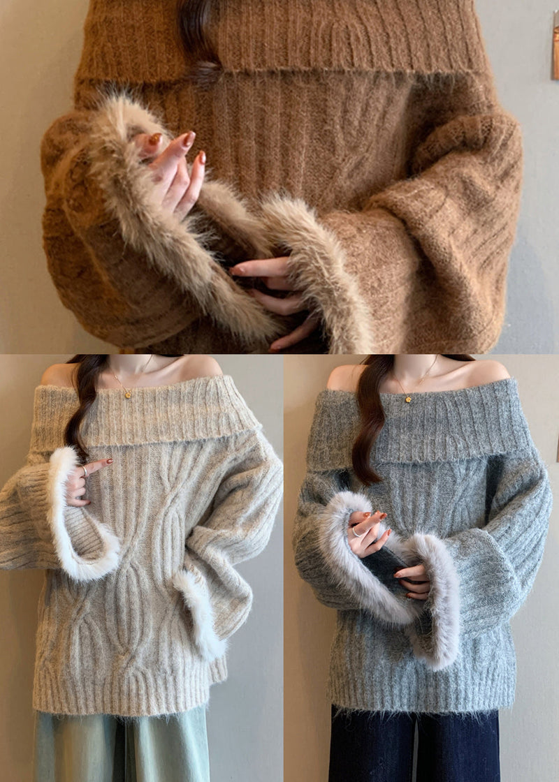 French Apricot Cold Shoulder Patchwork Faux Fur Knit Shirts Winter