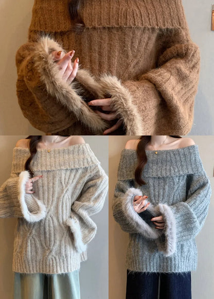 Grey Patchwork Faux Fur Sweater Tops Cold Shoulder Winter