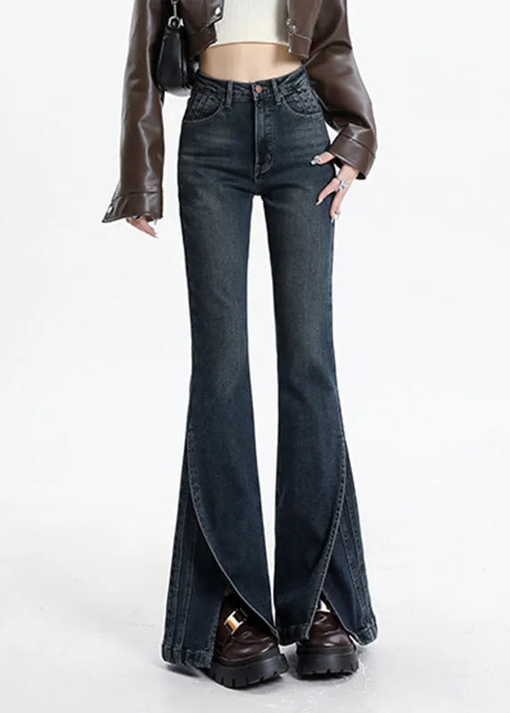 Blue Asymmetrical Pockets Patchwork High Waist Denim Flared Trousers Spring
