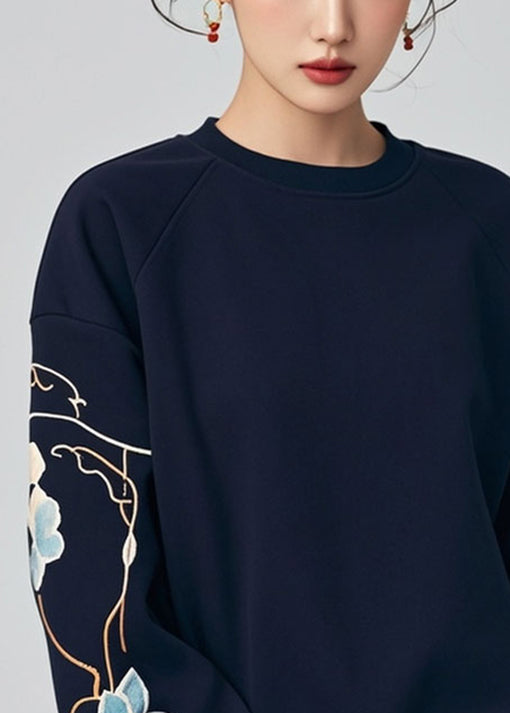 Navy O Neck Print Warm Fleece Sweatshirts Winter