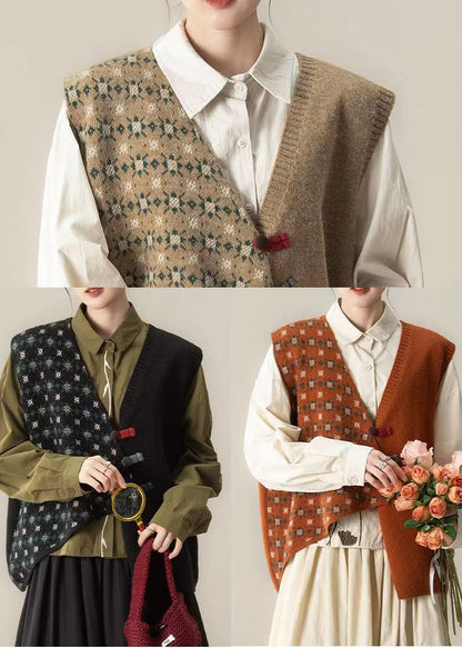 Black Asymmetrical Chinese Button Knit Vests Winter
