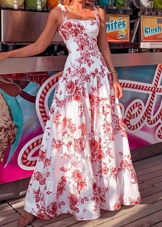 New Red Ruffled Print Cotton Spaghetti Strap Dress Summer