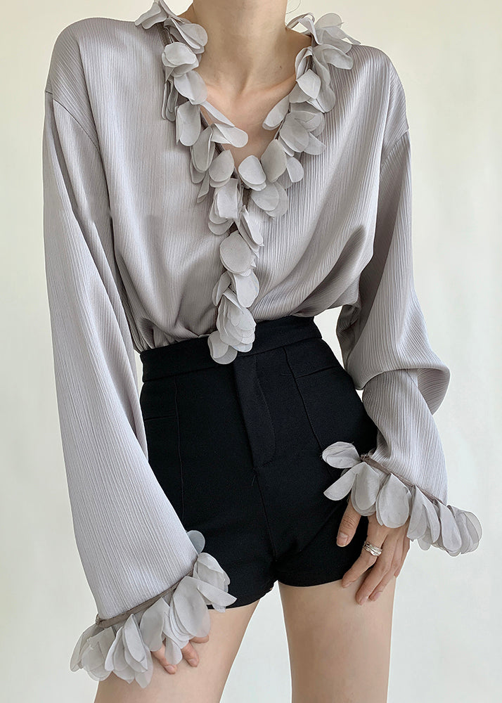 Grey Loose Cotton Blouses V Neck Petal Sleeve