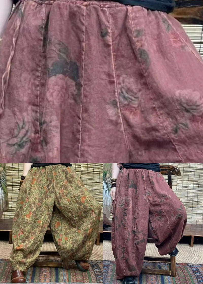 Green Pockets Patchwork Linen Lantern Pants Elastic Waist Summer