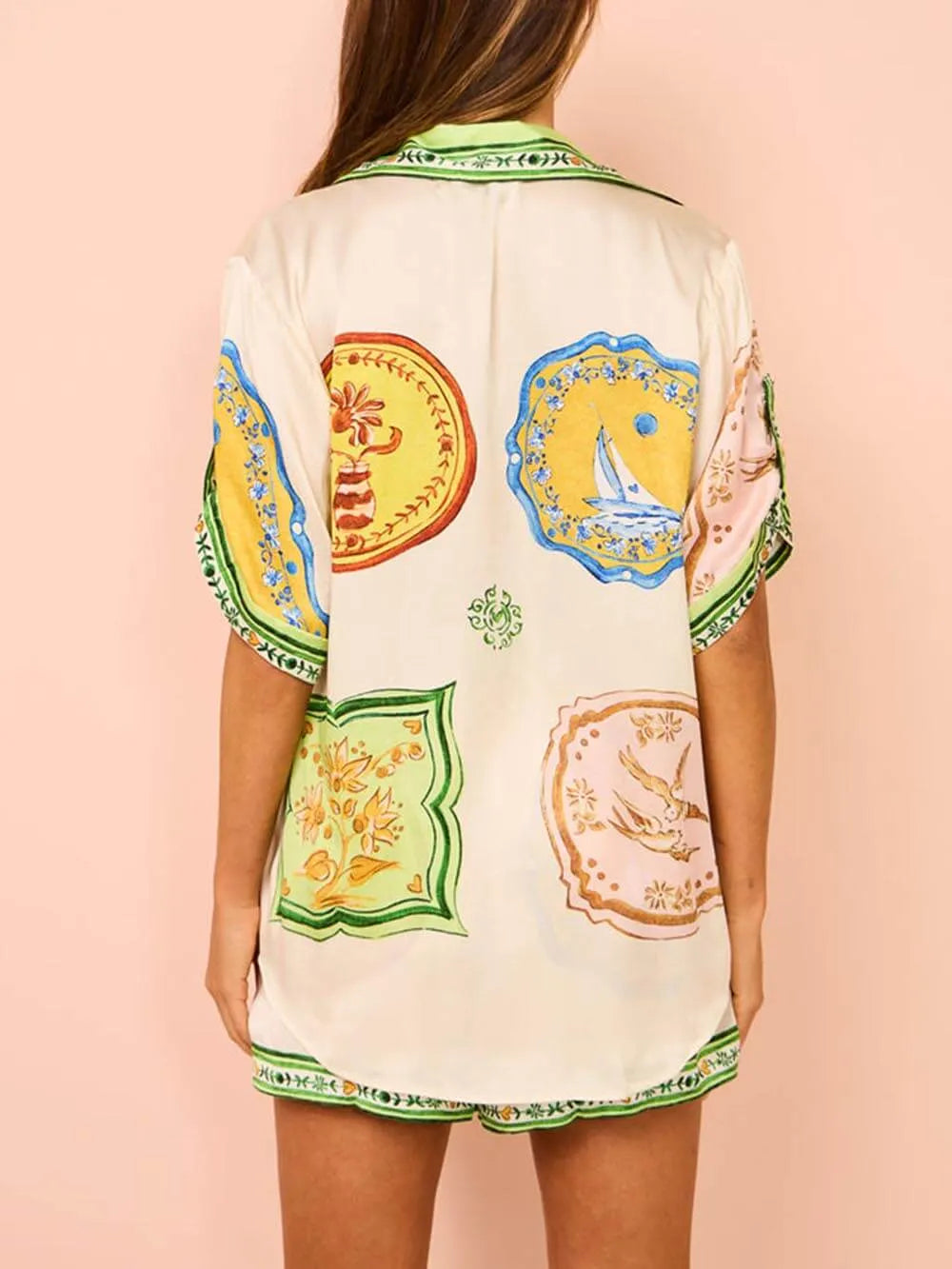 Unique Cream Print Shirt Shorts Set