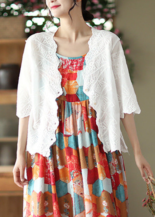 Modern White V Neck Embroidered Cotton Cardigan Short Sleeve